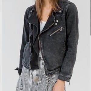 ONE x One Teaspoon Black Denim Distressed Moto Jacket | M